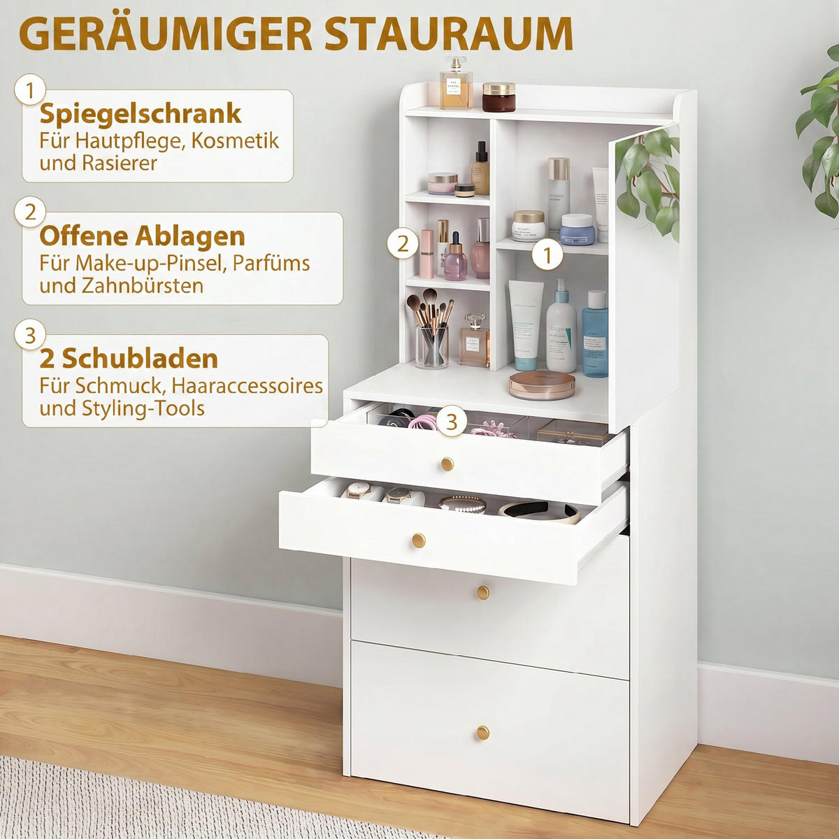 SCHMINKTISCH-SET Leinen (100 % Polyester), Spanplatte Weiß - Weiß, Holzwerkstoff/Textil (40/132.5/60cm) - HOMCOM