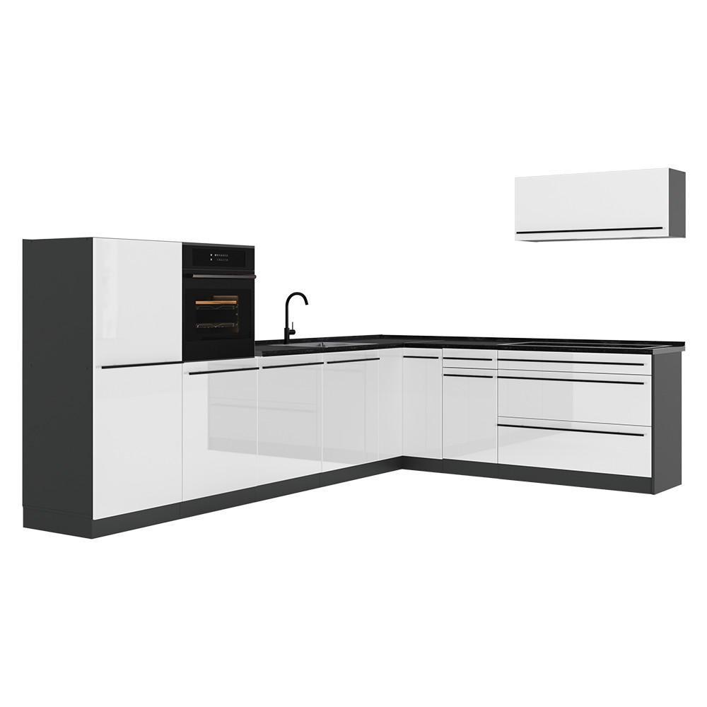 KOTNA KUHINJA R-Line, Bela visok sijaj/Antracit, 327 x cm brez delovne plošče - bela/visoki sijaj, leseni material (327/143/46cm) - Vicco