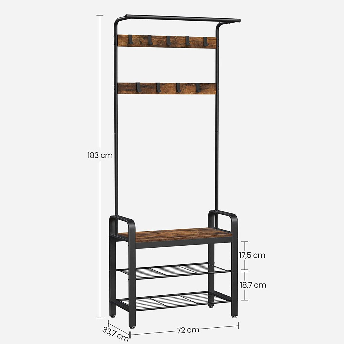 GARDEROBENSTÄNDER mit 9 Haken und Schuhbank - L72 cm - Braun, Holzwerkstoff (33.7/183/72cm) - Calicosy