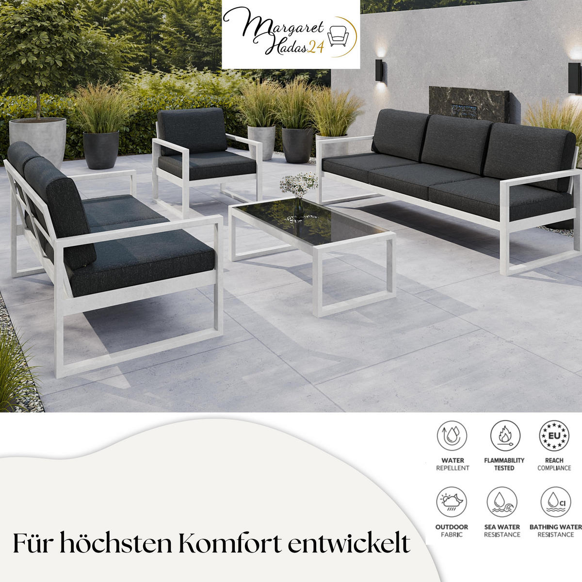 GARTENSOFA 3 Sitzer Madera 216x80cm, weiß, graubraun - Weiß/Braun, Kunststoff/Metall (216/86/80cm) - Margaret Hadas24
