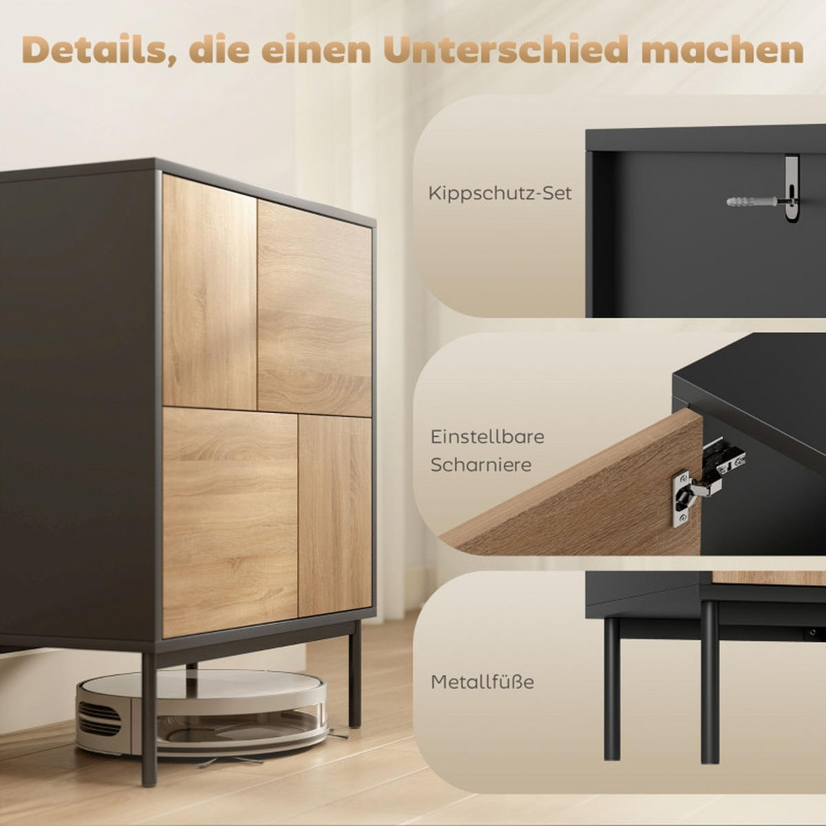 SIDEBOARD mit Push-to-Open Türen und Metallbeinen in Schwarz/Naturholzoptik - Schwarz, Holz (60/78/35cm) - BEAOK