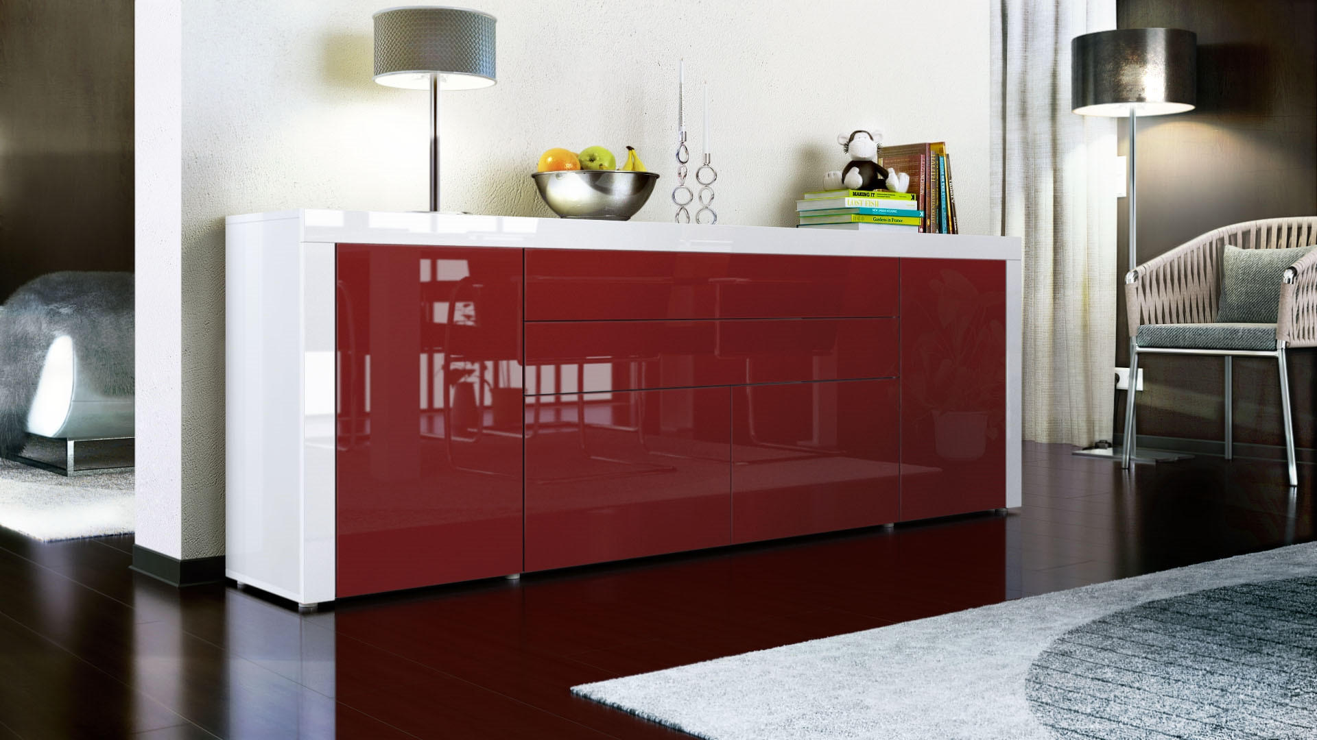 SIDEBOARD La Paz Bordeaux Hochglanz / Weiß Hochglanz - Bordeaux, Holzwerkstoff (200/72/35cm) - Vladon