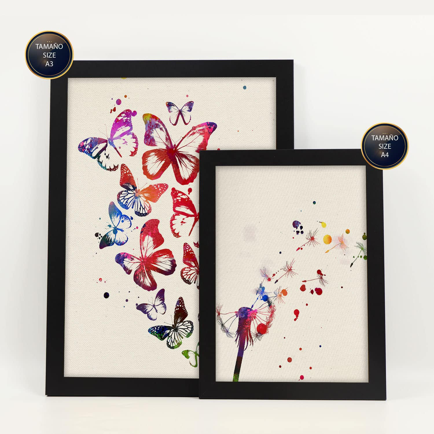 POSTER Set Mit 6 Natur Illustrationen Im Aquarell Stil Von Pflanzen, Blumen, Schmetterlingen Und Vögeln Innenarchitektur A3 & A4 Schwarzer Rahmen - Schwarz, Papier (29/3cm) - Nacnic