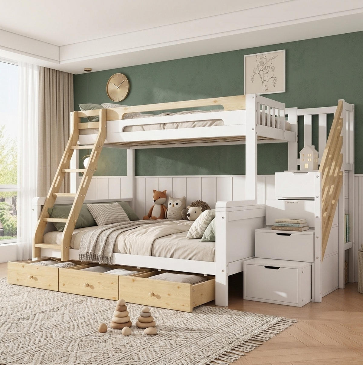 FAMILIEN-ETAGENBETT 90x200/140x200 cm in Weiß und Natur mit Stauraumtreppe - Weiß, Holz (90/200cm) - IVMEU