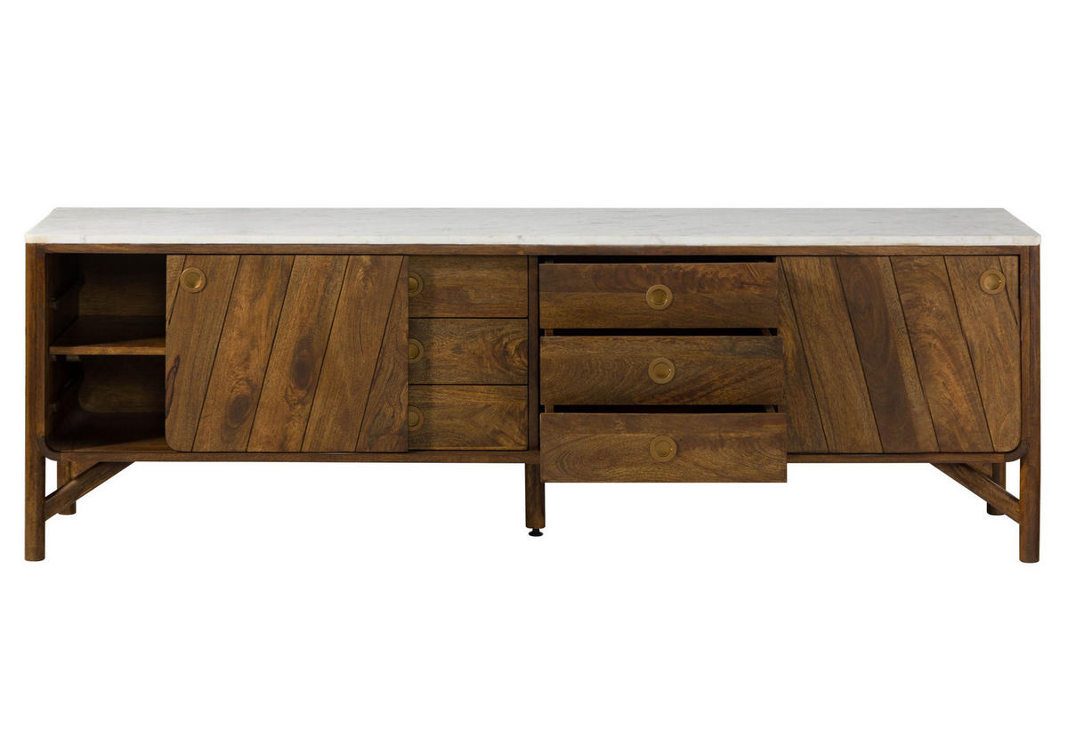 SIDEBOARD Mango 200x45x65 braun geölt / echter Marmor LOS ANGELES #13 - Braun, Holz (200/65/45cm) - Massivmoebel24