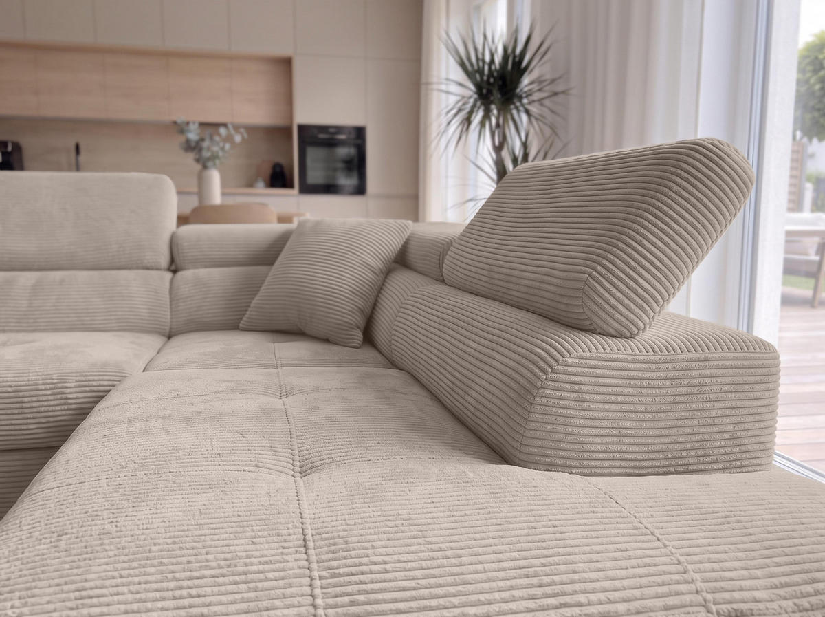 ECKSOFA L Form Konak Beige 276/201/90 cm Rechts mit Schlaffunktion - Beige/Silberfarben, Textil/Metall (276/203cm) - AX Living
