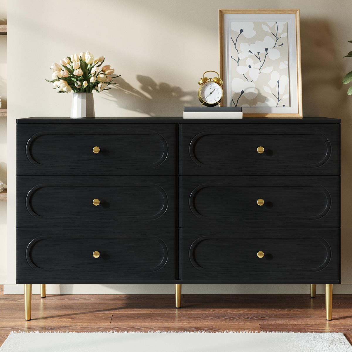 SIDEBOARD 6 Schubladen Metallfüße ovale Vertiefungen modern - Schwarz, Holzwerkstoff (40/75/120cm) - FLIEKS