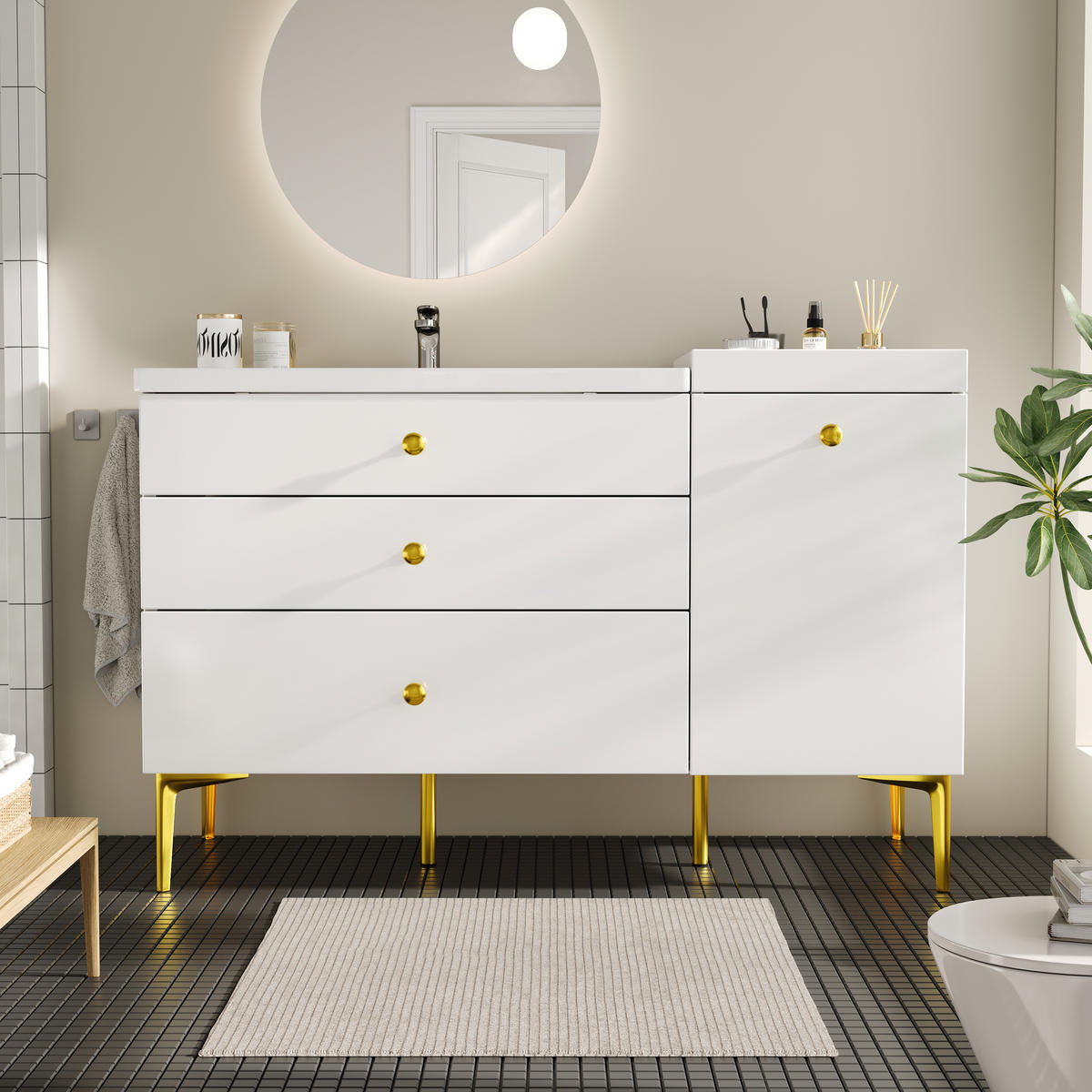 BADEZIMMERSCHRANK Weiß Gold Keramik Waschbecken Schubladen - Weiß, Holzwerkstoff (120/80/47.5cm) - FLIEKS
