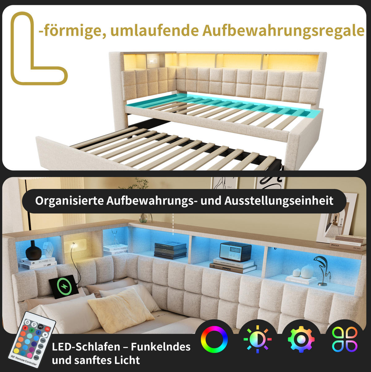 POLSTERBETT 90/200 cm mit Ausziehbett, LED und Bluetooth-Lautsprecher, Beige - Beige, Textil (90/200cm) - BEAOK