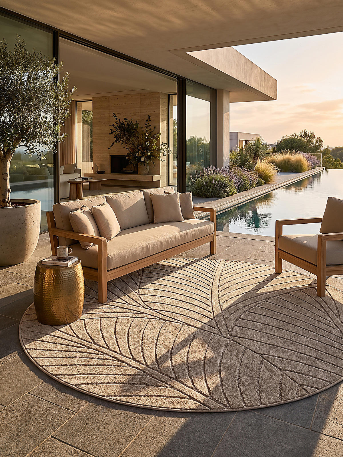 TEPPICH Outdoor, Fußbodenheizung-geeignet, mit Blattmotiv, ENGADIN in Beige, Ø 200 cm - Beige, Textil (200/200cm) - KADIMA DESIGN