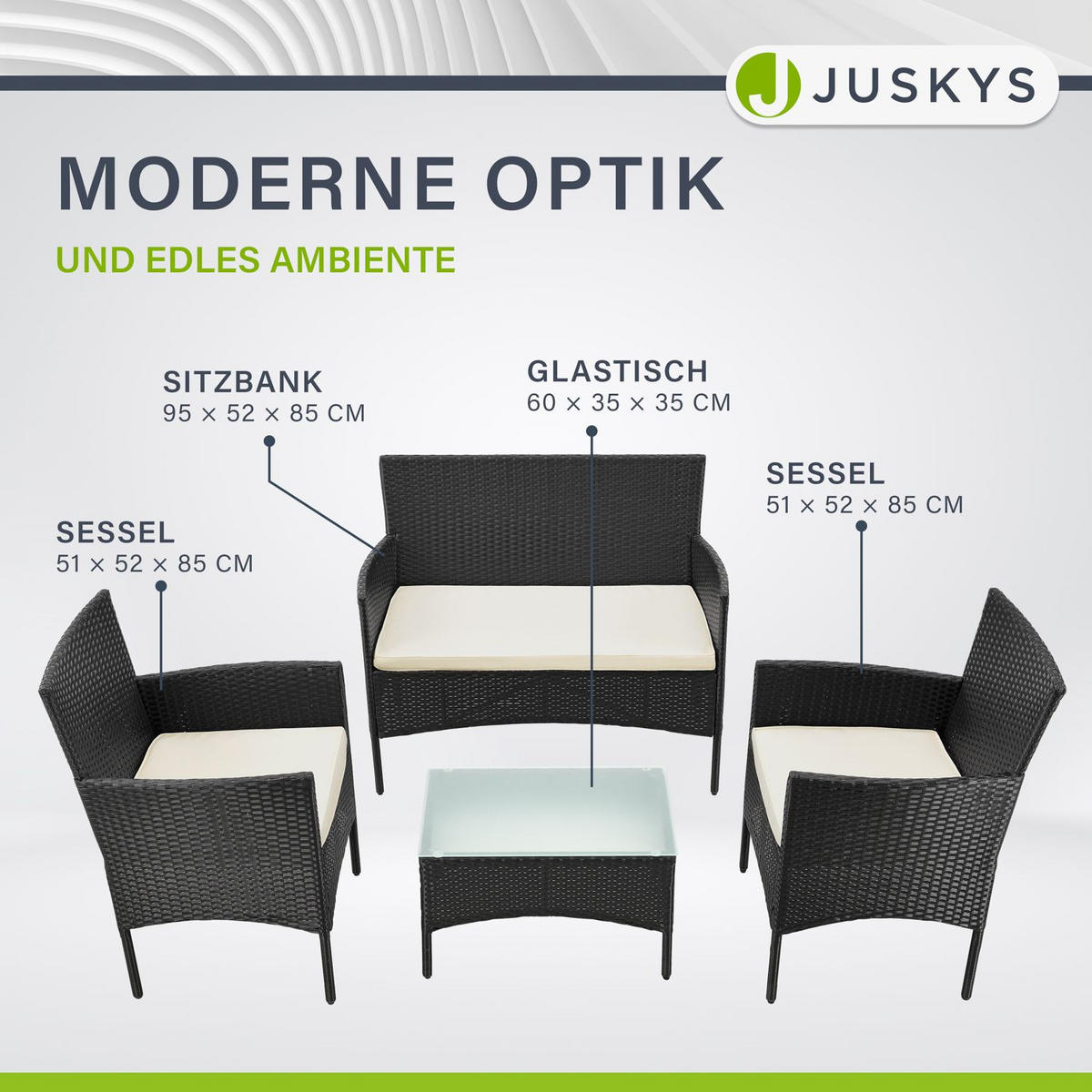GARTENSET Fort Myers schwarz / cremeweiß - Creme/Schwarz, Kunststoff/Metall - Juskys
