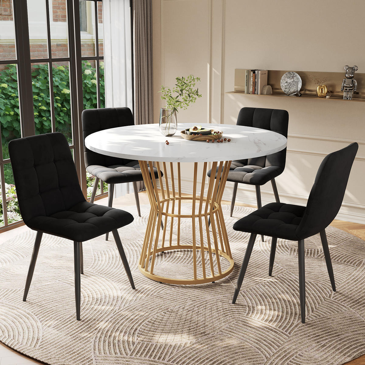 ESSTISCHSET 5-Teilig Mit 4 Stühlen, Rund 100 Cm, Weiß, Schwarz Samt - Schwarz, Holzwerkstoff (100/75/100cm) - FLIEKS