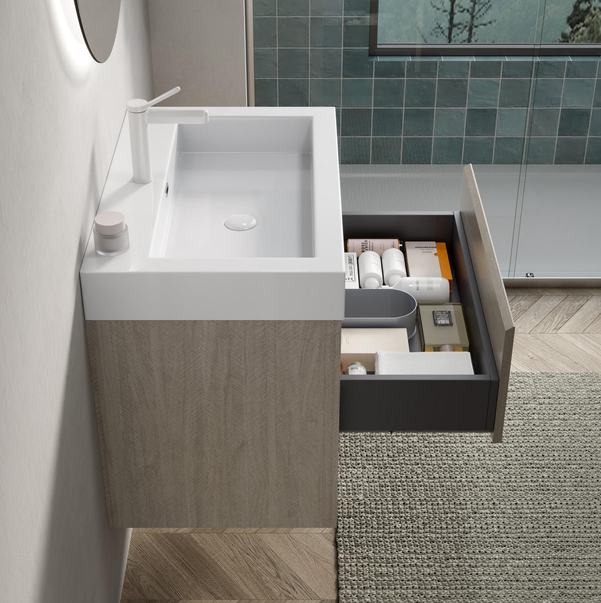 WASCHTISCHKOMBI 70 cm in Eiche mit Mineralwerkstoffbecken und Soft-Close-Schublade - Eichefarben, Kunststoff (70/60/46cm) - BEAOK