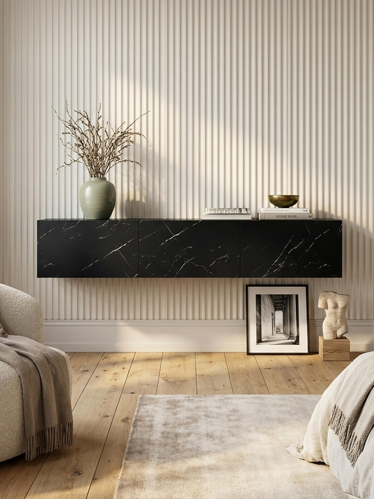 TV-LOWBOARD hängend groß, Marmor-Optik, Klapptüren, modern, Schwarz 160x30x30 cm - Schwarz, Metall (160/30/30cm) - KADIMA DESIGN