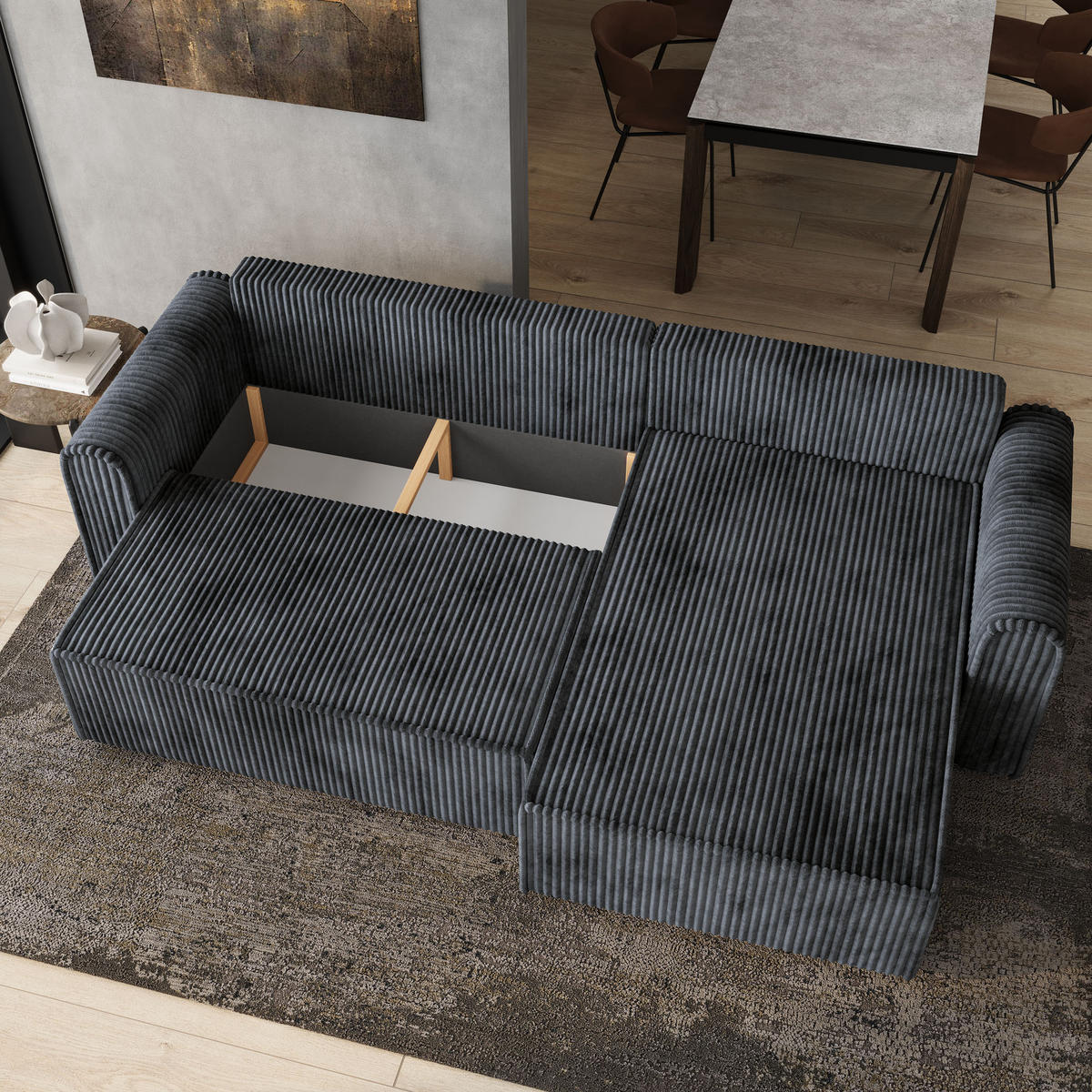ECKSOFA VALTINO Graphitfarben Kordstoff mit Schlaffunktion - Graphitfarben, Holz (275/148cm) - MASSENO