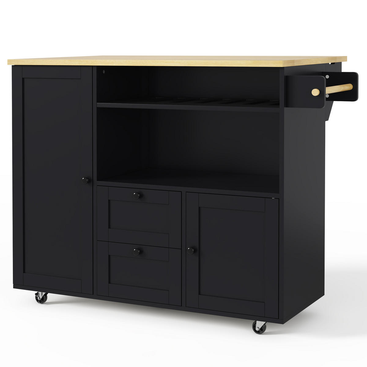 KÜCHENINSEL 89 cm MDF Natur Schwarz mit Klappbarer Arbeitsplatte und Weinregal - Schwarz, Holzwerkstoff (69/89/104cm) - Korfee
