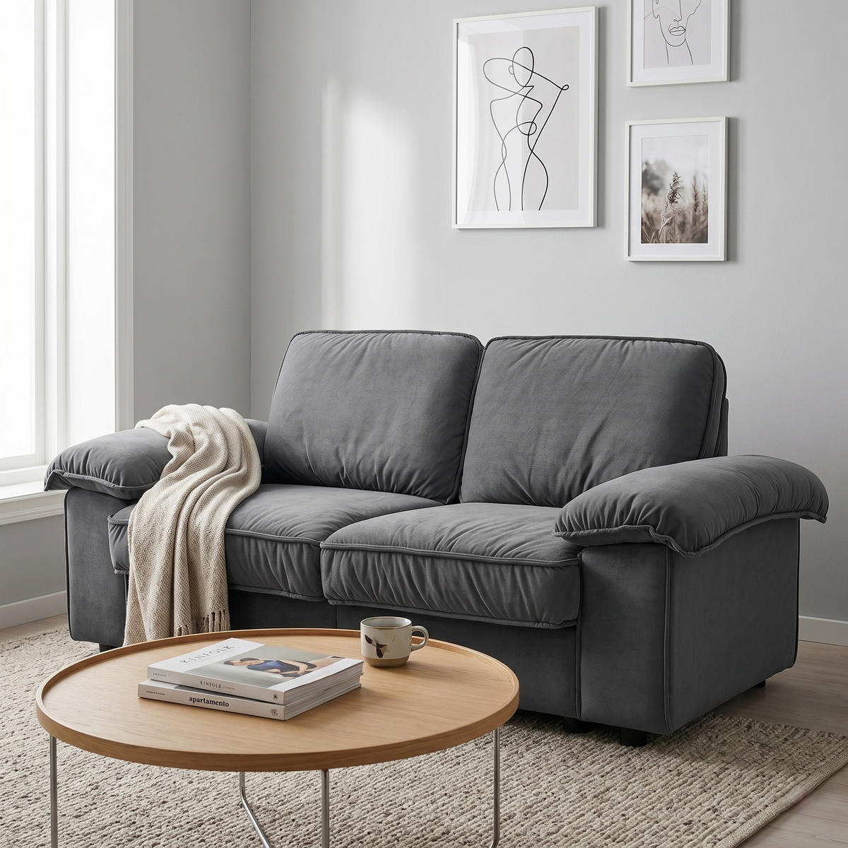 2-SITZER SOFA Samt Grau mit Stauraum - Grau, Holzwerkstoff/Kunststoff (201/89/91cm) - WISHDOR