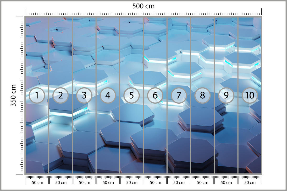 FOTOTAPETE für Jugendzimmer Blaue Neon Hexagone Formen Geometrie 500x350 - Blau/Weiß, Papier (500/350cm) - Muralo