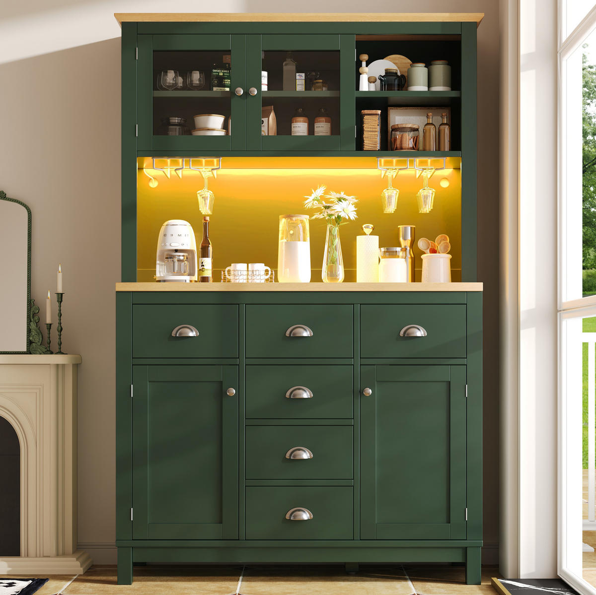 BUFFETSCHRANK aus MDF 104/40/180 cm mit LED-Lichtleiste, App-Steuerung und viel Stauraum, Grün - Grün, Holzwerkstoff (104/180/40cm) - Redom