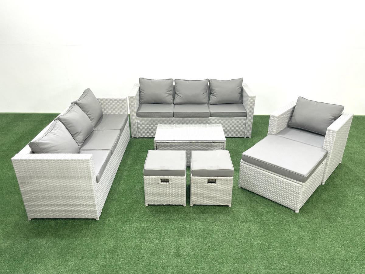 GARTENGARNITUR mit 3-SITZER SOFA,COUCHTISCH Polyrattan Hellgrau-Mix 10-Sitzer - Hellgrau/Grau, Glas/Kunststoff - Fimous