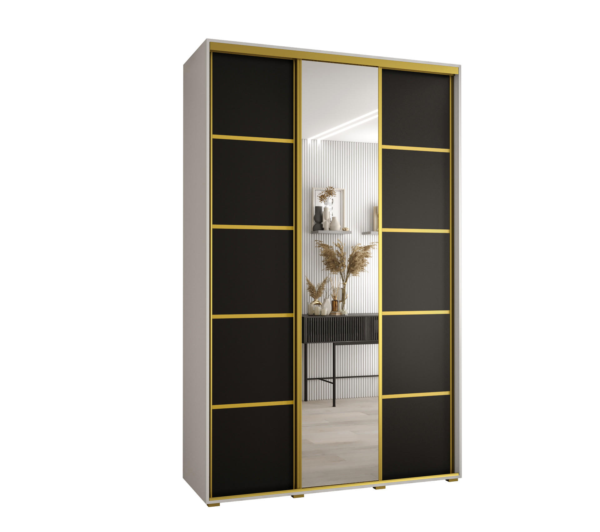 Abiks Möbel Schwebetürenschrank Weiß, Schwarz, Gold 150x235x60 cm