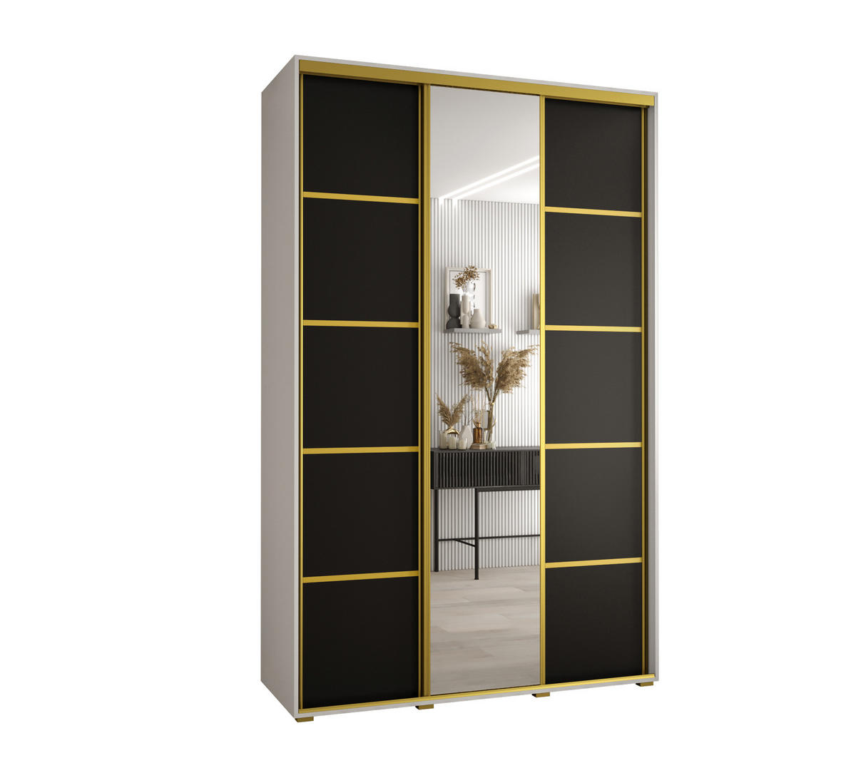 SCHWEBETÜRENSCHRANK 235,2/160/60 3-türig - Goldfarben/Schwarz, Holz/Metall (160/235/60cm) - Abiks Möbel