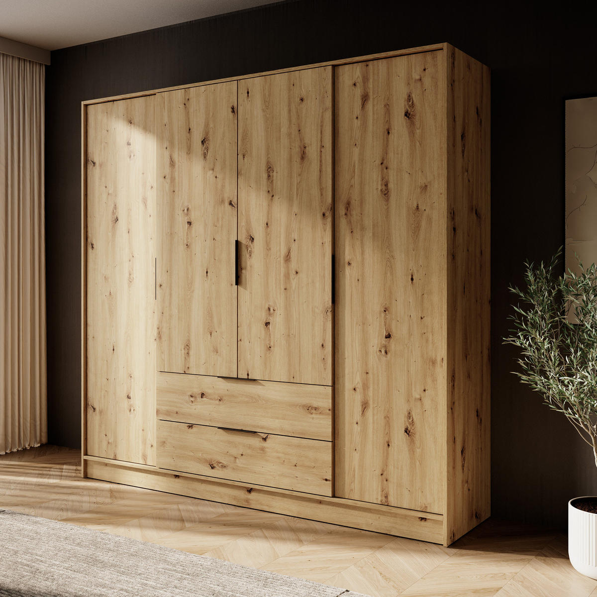GROSSER Kleiderschrank RICADI 4D (Artisan Eiche, 4 Türen, 2 Schubladen, Kleiderstange, Kunststoffgriffe) - Schwarz/Eiche Artisan, Holz/Holzwerkstoff (206/200/51cm) - Ravio
