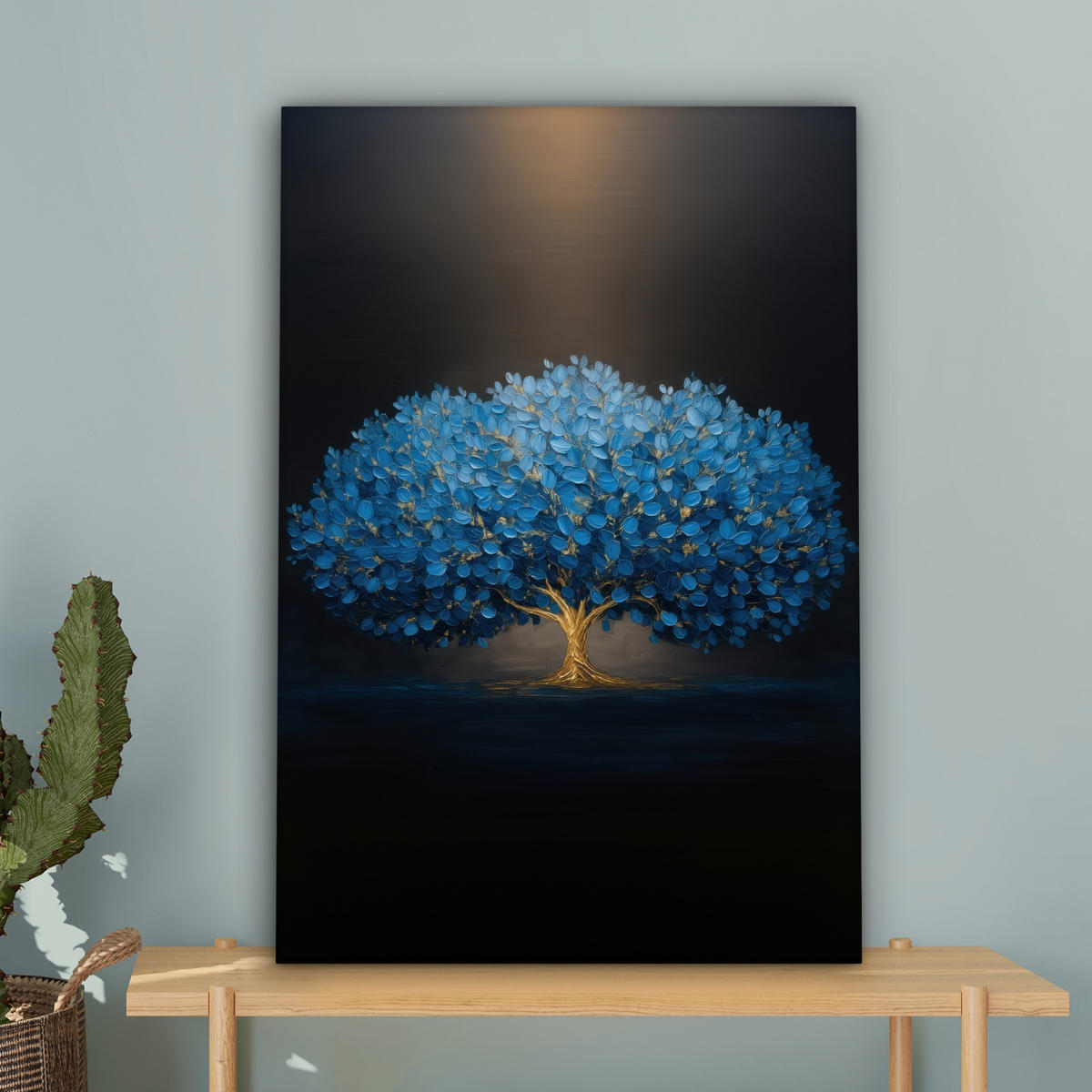 LEINWANDBILD Baum - Blau - Blätter - Pinselstriche Wanddeko Schlafzimmer 60x90 cm - Blau, Textil (60/90cm) - MuchoWow