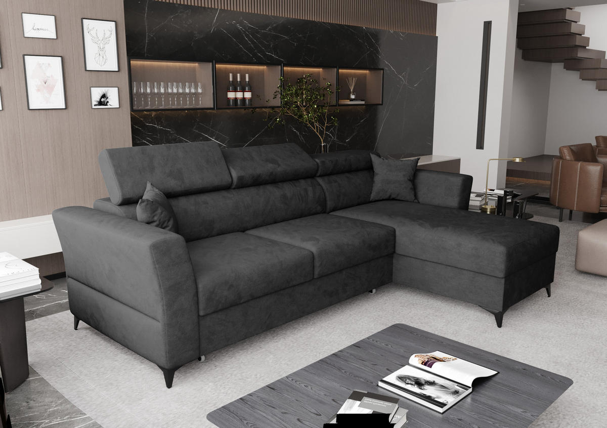 ECKSOFA L Form Ribella Antrazit 265/180/100 cm Rechts mit Schlaffunktion - Schwarz/Grau, Textil/Metall (265/180cm) - AX Living