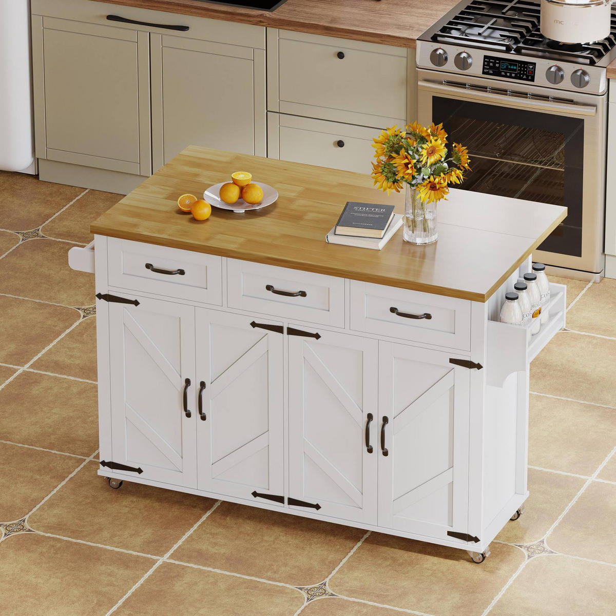 KÜCHENINSEL mit klappbarer Arbeitsplatte 140x43(70)x90,5 cm White/Natural - Weiß, Holz (70/90.5/140cm) - Beauniv