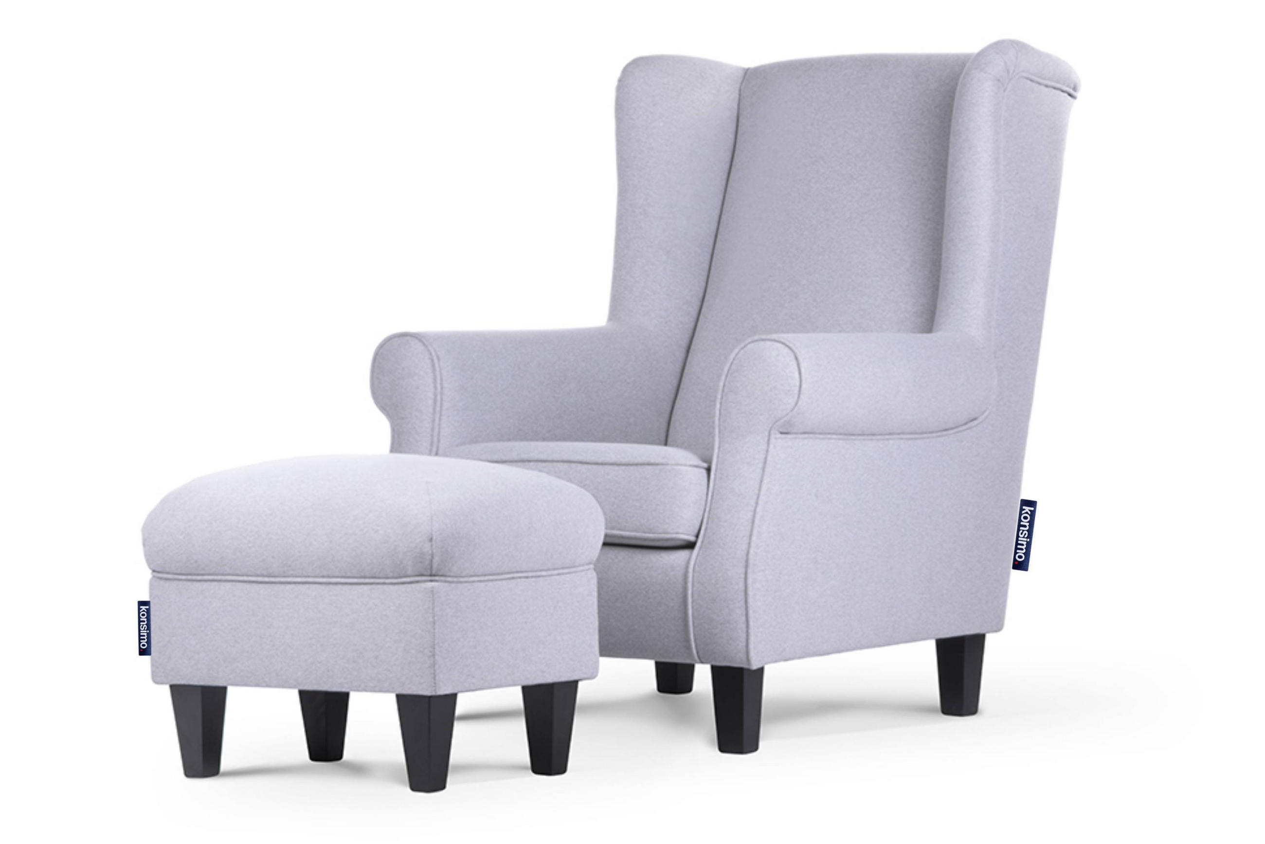 OHRENSESSEL-SET MILES inkl. Sitzhocker, hellgrau - Hellgrau, Holzwerkstoff/Buchenholz (82/105/97cm) - KONSIMO®