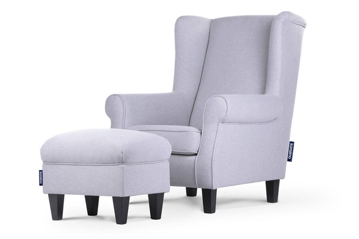 OHRENSESSEL-SET MILES inkl. Sitzhocker, hellgrau - Hellgrau, Holzwerkstoff/Buchenholz (82/105/97cm) - KONSIMO®