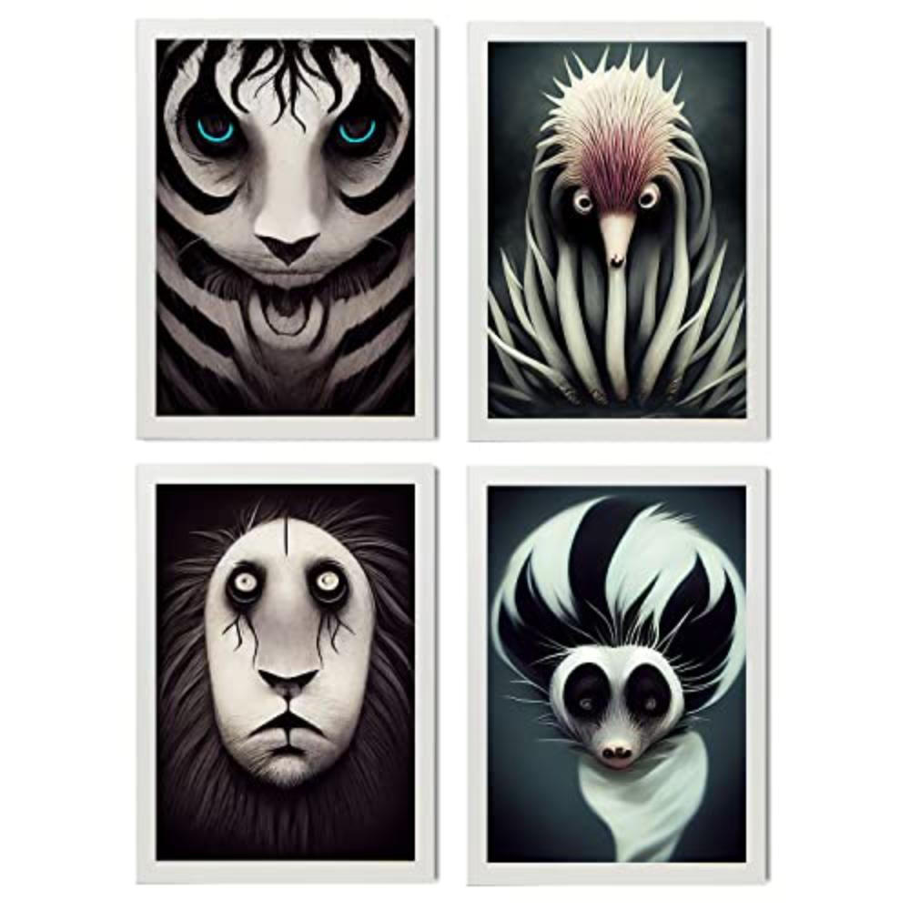 POSTER Set mit 4 Schwarz und weiß Tier im T Burton Goth Stil A4 Weißer Rahmen - Weiß, Papier (29.7/3cm) - Nacnic