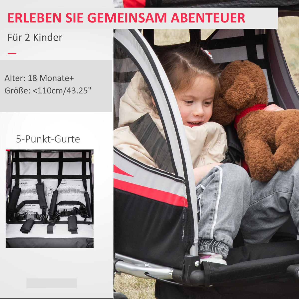 KINDERANHÄNGER, Kinderfahrradanhänger, Rot - Rot, Metall (75/101/142cm) - HOMCOM