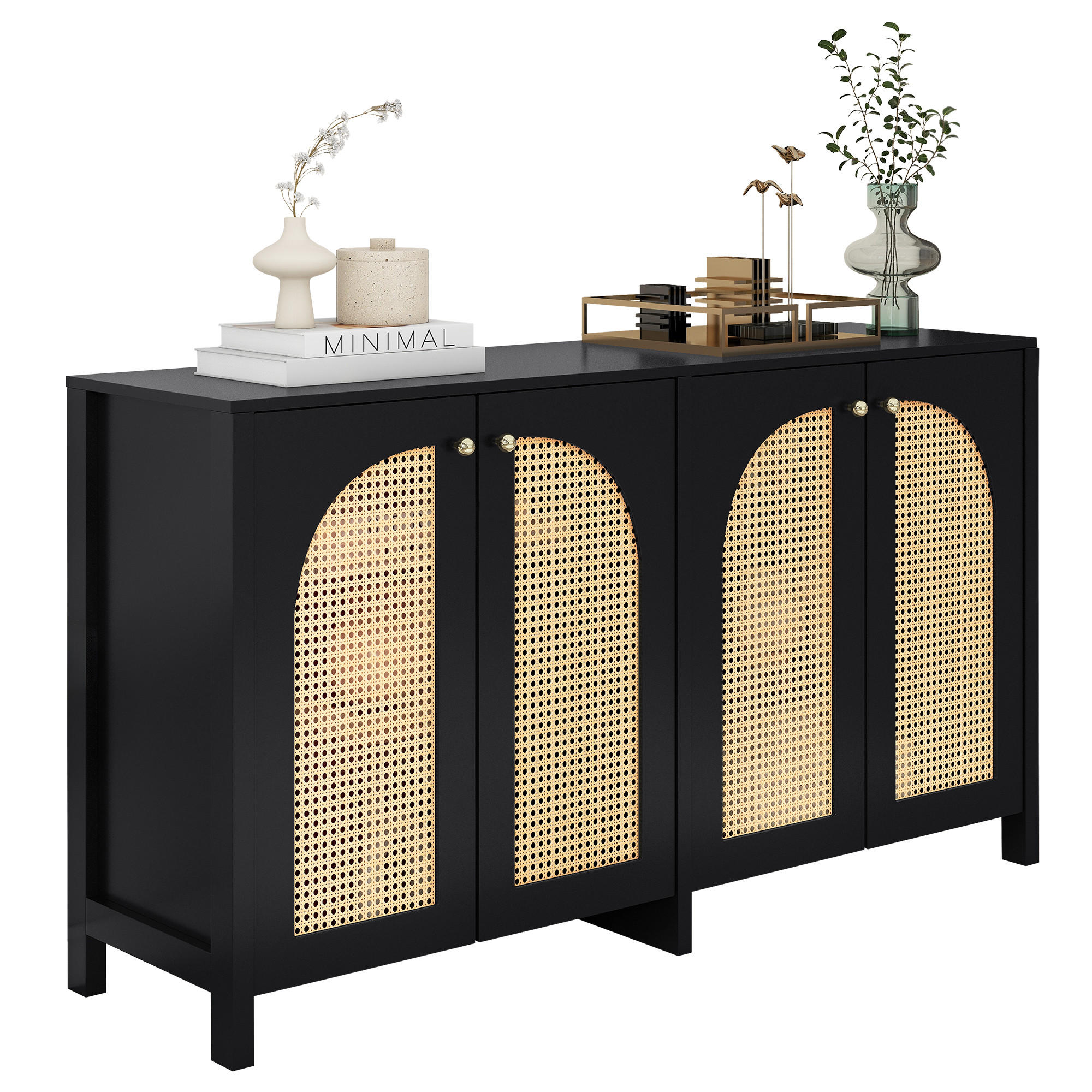 SIDEBOARD 145/40/80 cm Schwarz aus MDF mit 4 Rattantüren - Schwarz, Holzwerkstoff (145/40/80cm) - OKWISH