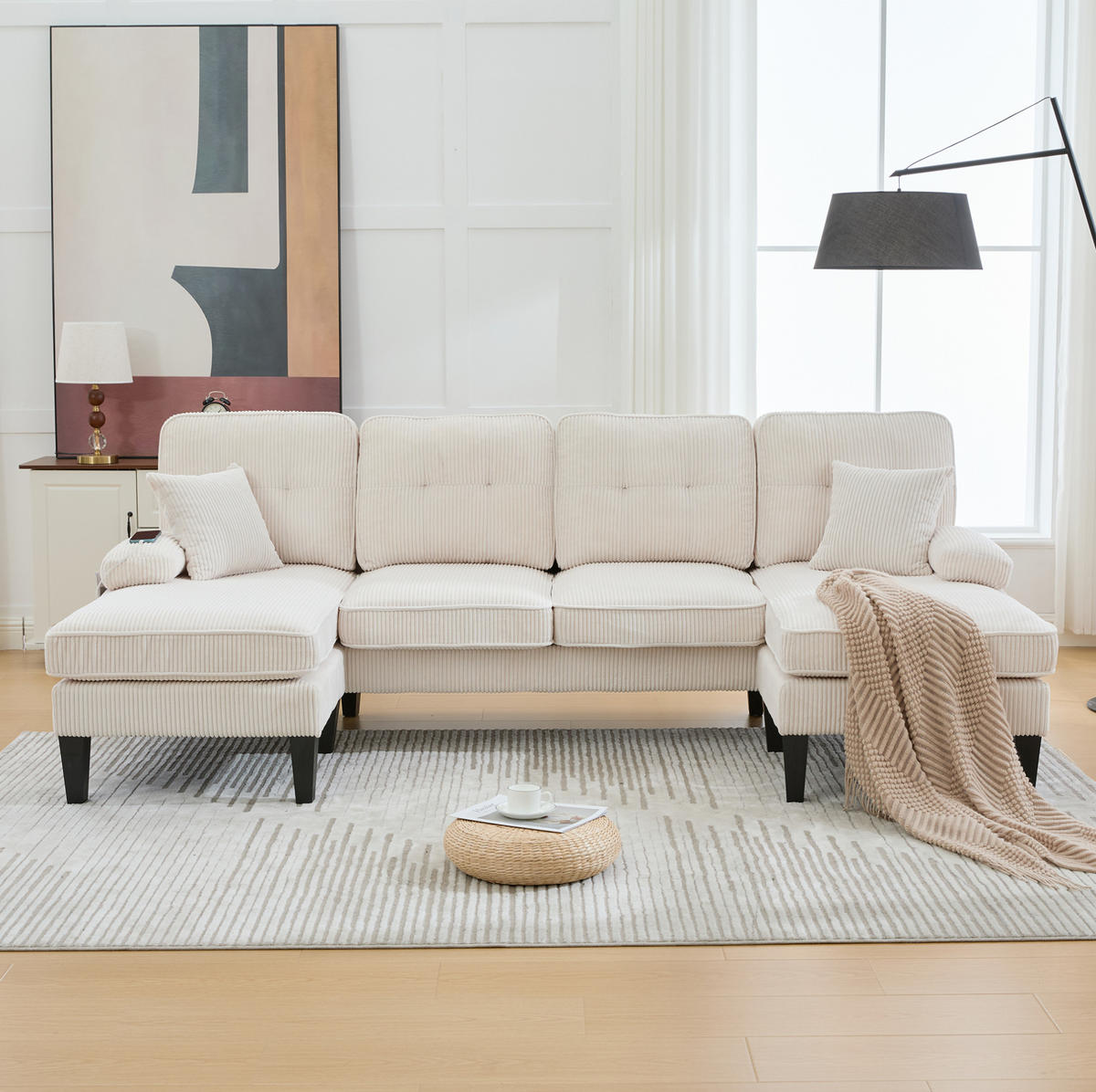 WOHNLANDSCHAFT aus Leinenstoff 250x130x88 cm in Beige mit USB - Beige, Textil (130/88/250cm) - Modfu