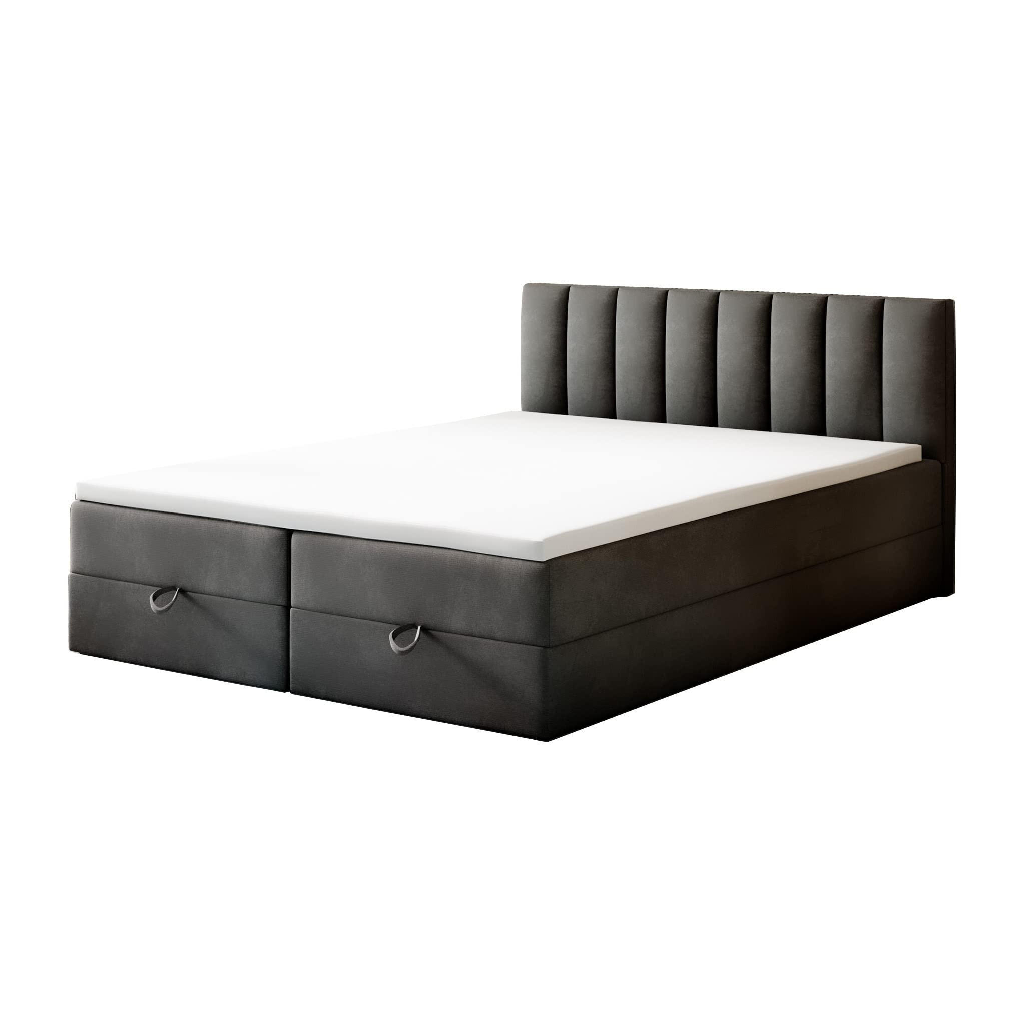 BOXBETT 200 x 200 cm mit Bonellmatratze H3, CITY, Elegant gestepptes Kopfteil und Topper 5cm, Bettkasten, Dunkelgrau - Dunkelgrau, Holzwerkstoff/Kunststoff (200/200cm) - Trada