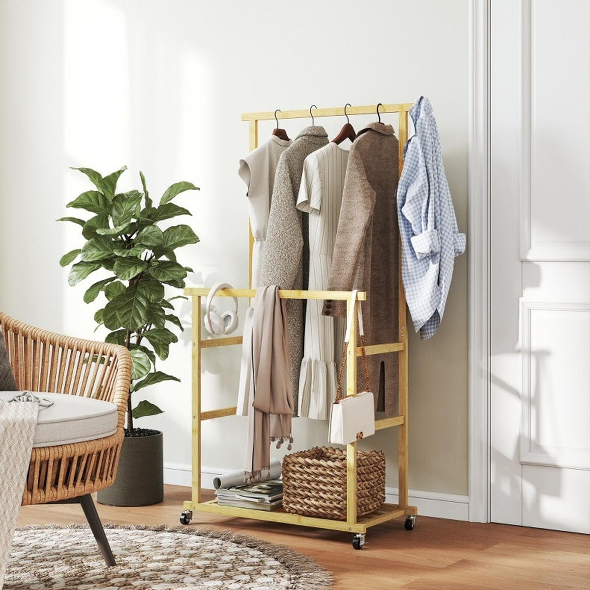 GARDEROBENSTÄNDER 80/40/160 cm aus Bambus mit 2 Kleiderstangen und Schuhablage - Naturfarben, Naturmaterialen (80/160/40cm) - BEAOK