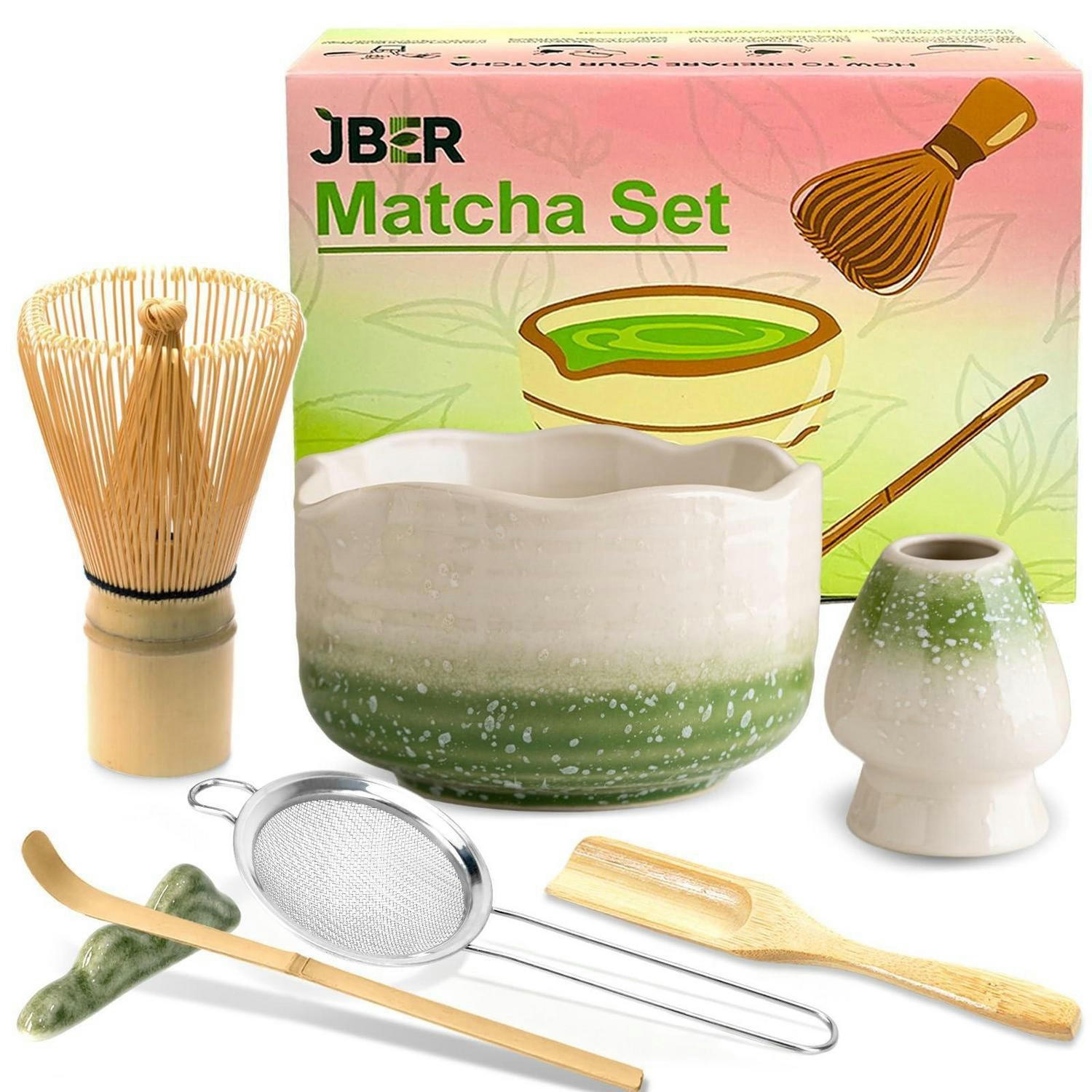 MATCHA Set 7-teiliges Set Bambus Besen Keramik Schale mit Ausgießer Grün Gradient - Grün, Keramik (15/10/15cm)