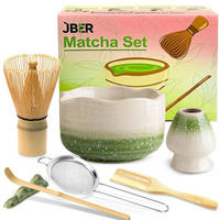 MATCHA Set 7-teiliges Set Bambus Besen Keramik Schale mit Ausgießer Grün Gradient - Grün, Keramik (15/10/15cm)