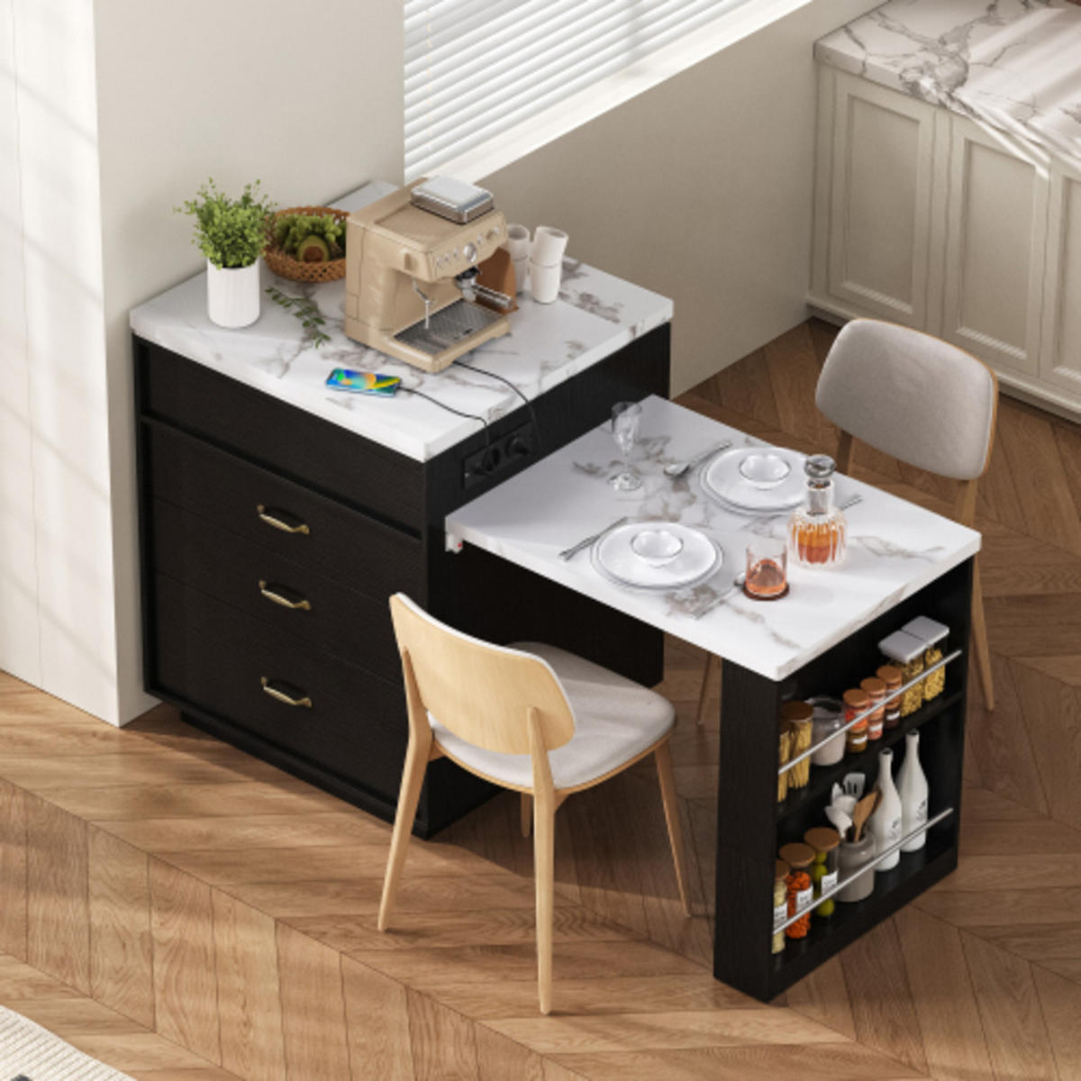 KÜCHENINSEL mit LED und Ladestation schwarz 125,5-187,5×71×93 cm aus MDF - Schwarz, Holzwerkstoff (187.5/93/71cm) - Luhomfu