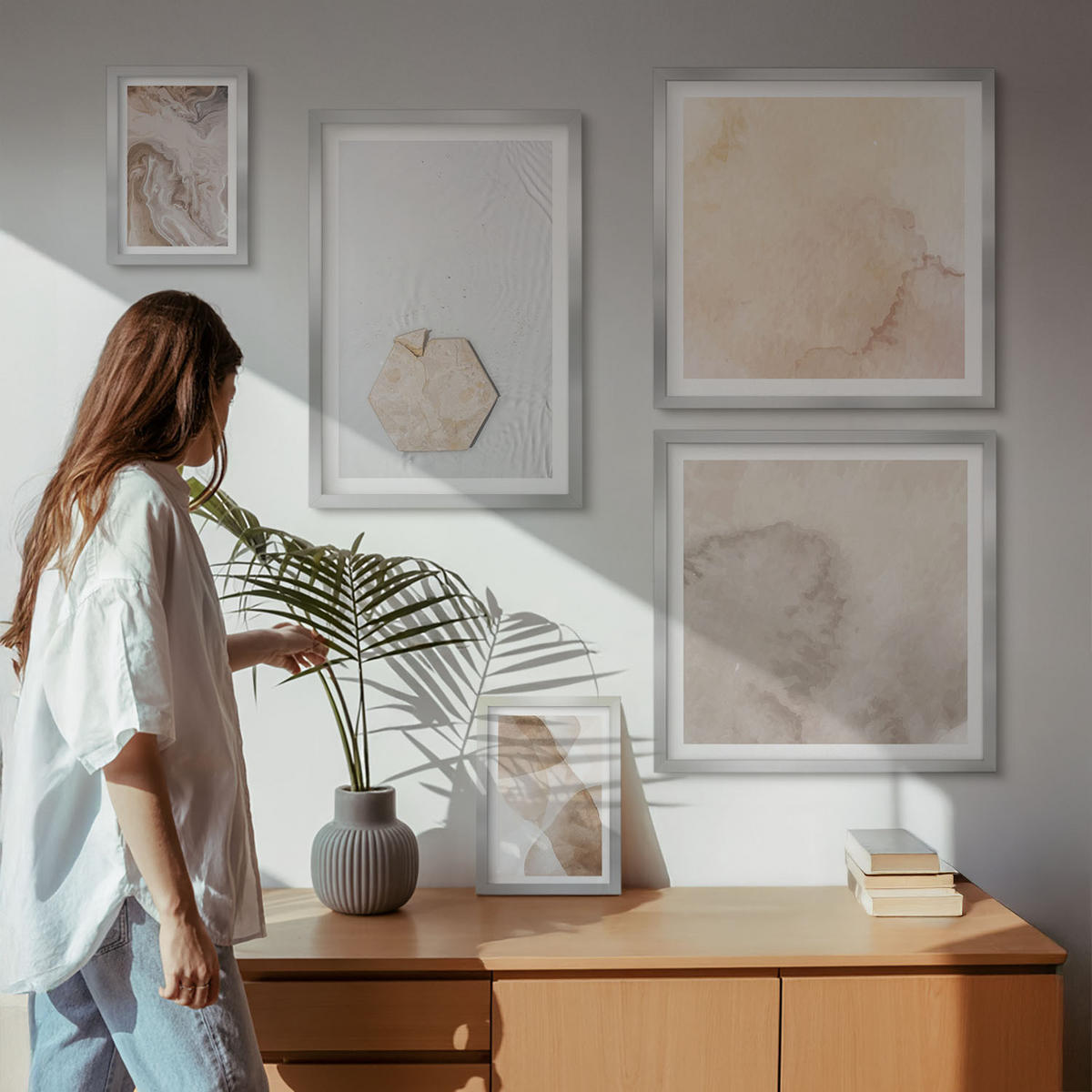 BILDER SET 5er Set - 50x50 cm & 20x30 cm & 40x60 cm Silberner Rahmen - Designabstraktion, Naturinspiration - Silberfarben, Kunststoff (40/60cm) - TULUP