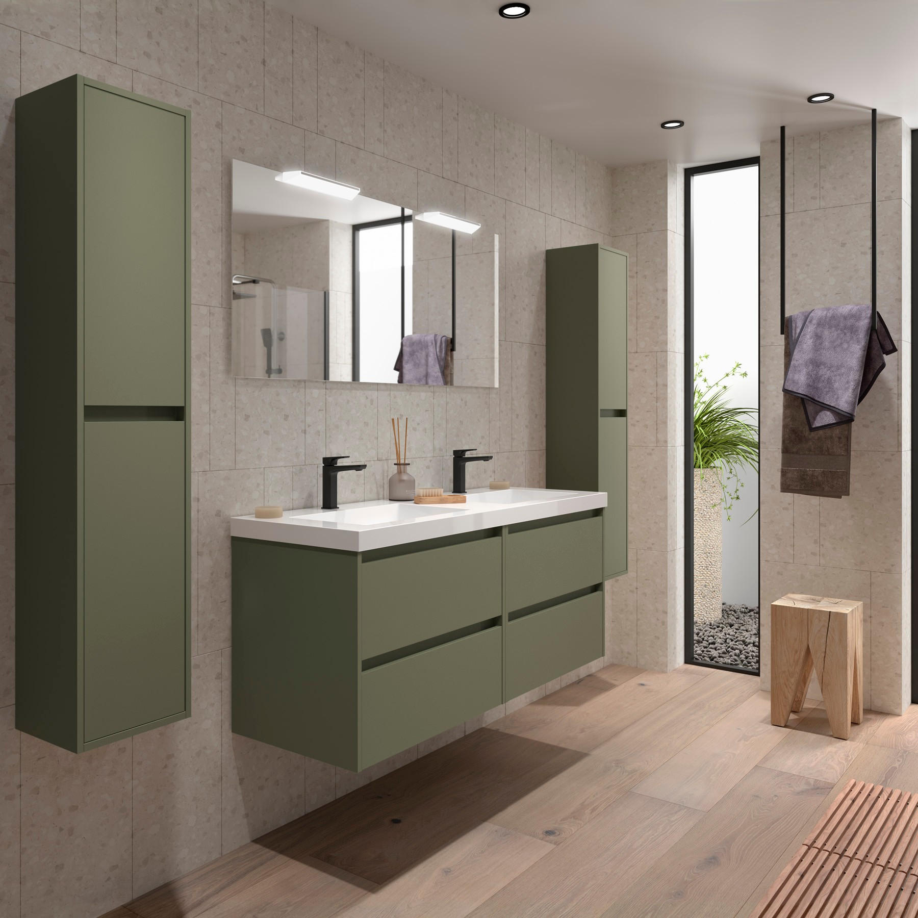 BADEZIMMERMÖBEL NOJA 1400 2 Schubladen GREEN SATIN + Waschtisch + Spiegel - Schwarz, Metall (45/54/140cm) - Salgar