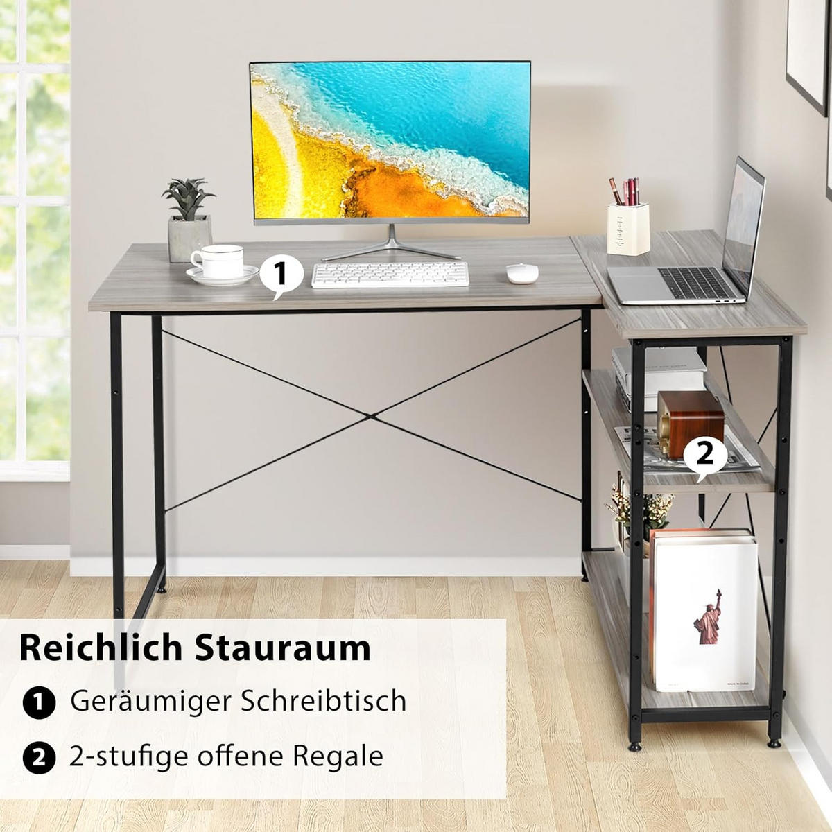 ECKSCHREIBTISCH 75cm Grau - Grün, Holz (120/88/75cm) - COSTWAY