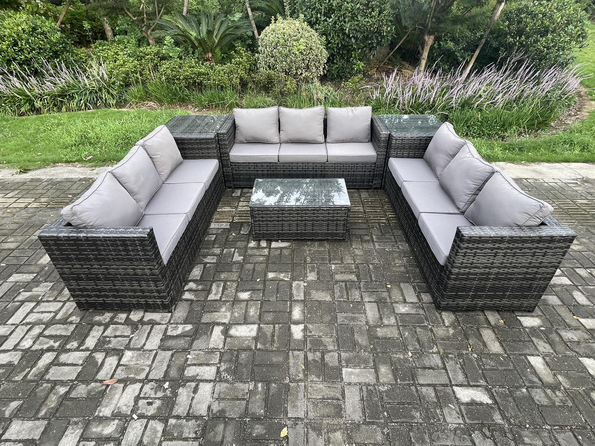 GARTENSET mit Beistelltisch Polyrattan 9-Sitzer - Dunkelgrau, Metall - Fimous