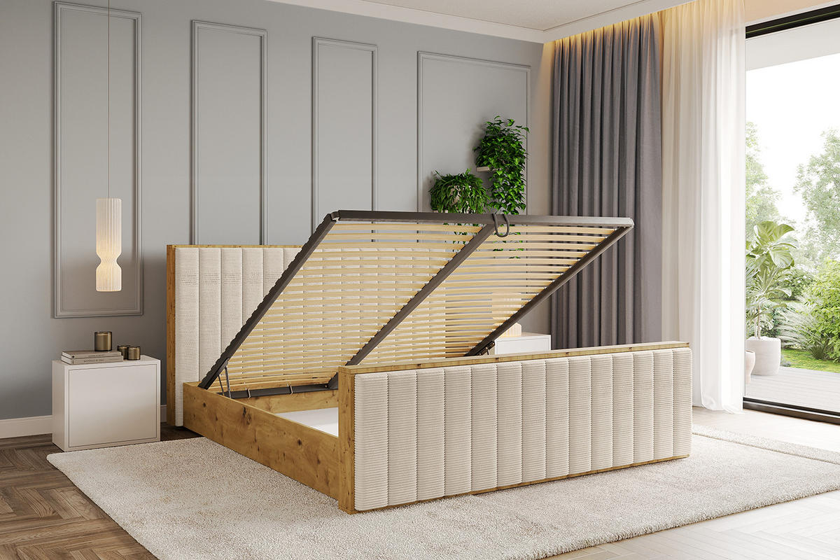 POLSTERBETT mit Bettkasten, Fußteil und Lattenrost, Boxbett mit Matratze H3/H4 - ENZO4-Z 120x200 Beige - Creme, Holzwerkstoff/Textil (120/200cm) - ALTDECOR