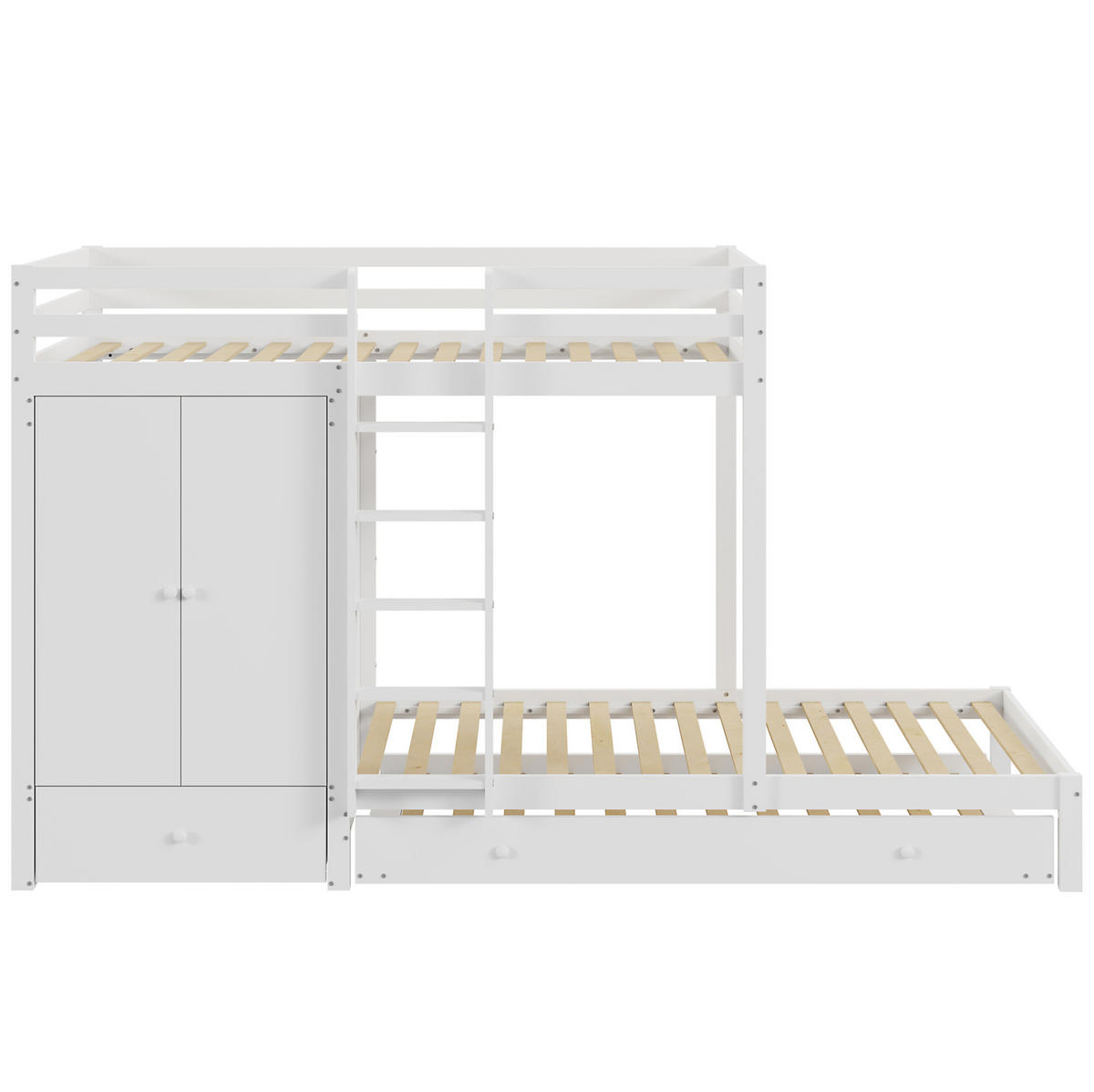 ETAGENBETT aus Massivholz 90x200 cm Weiß mit Ausziehbett, Kleiderschrank, Schubladen und Ablage - Weiß, Holz (90/200cm) - Modfu