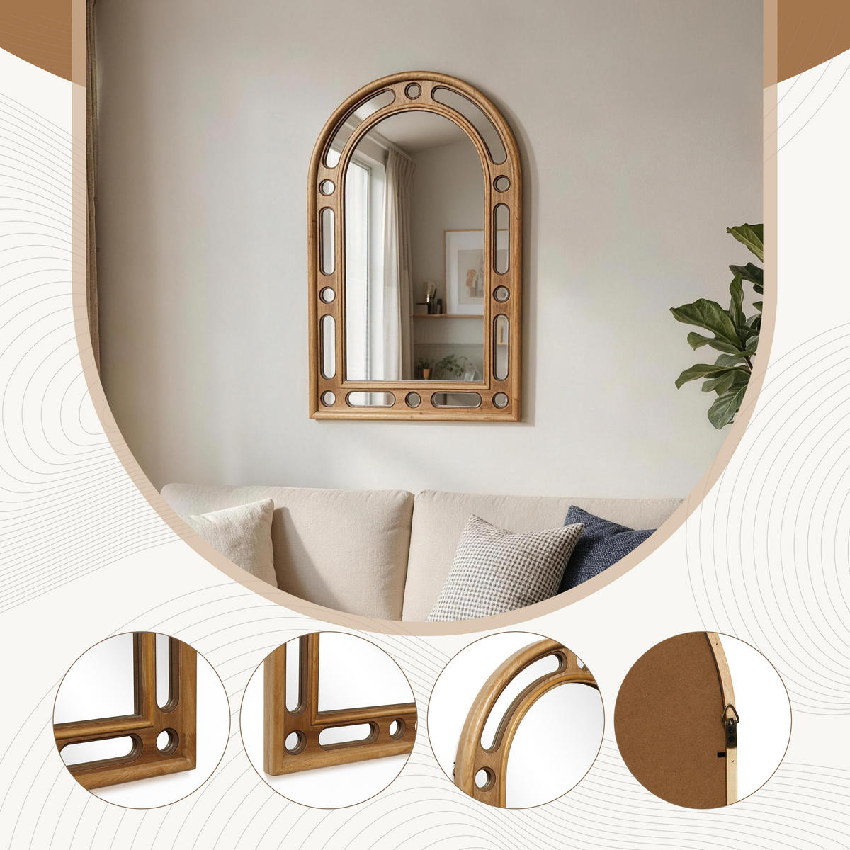 75CM Bogen Spiegel HTA0405 - Naturfarben, Naturmaterialien (3.5/75/50cm) - Hometopia