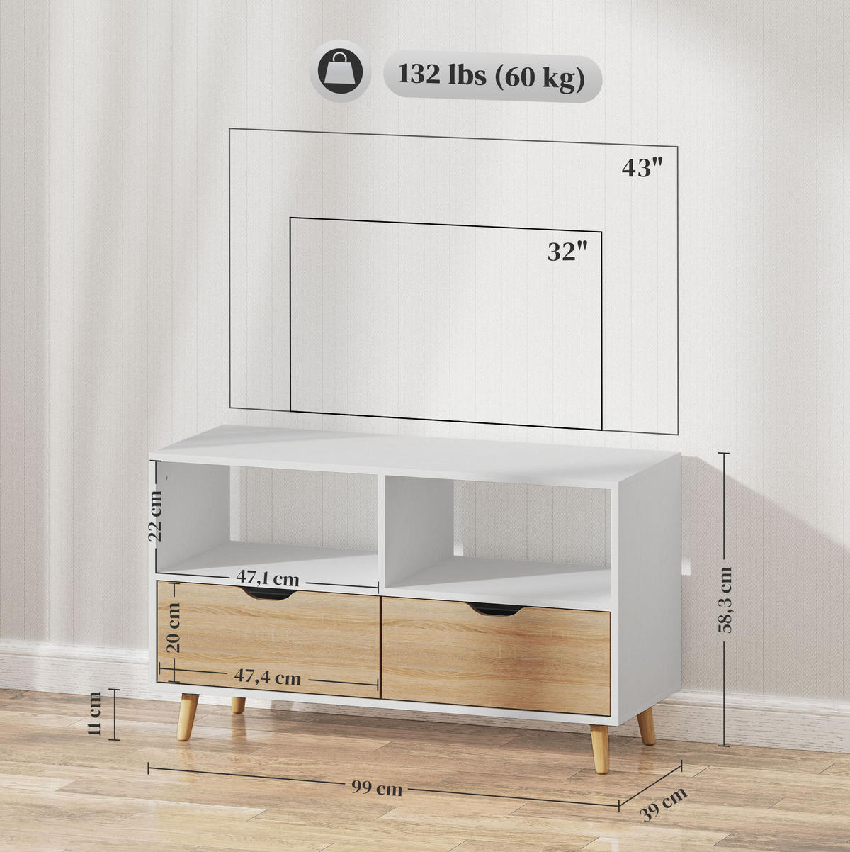 TV-BOARD aus Holzwerkstoff 99x39x58 cm Weiß mit 2 Schubladen, 2 offenen Fächern und Kabeldurchlass - Weiß, Holzwerkstoff (99/58.3/39cm) - Modfu