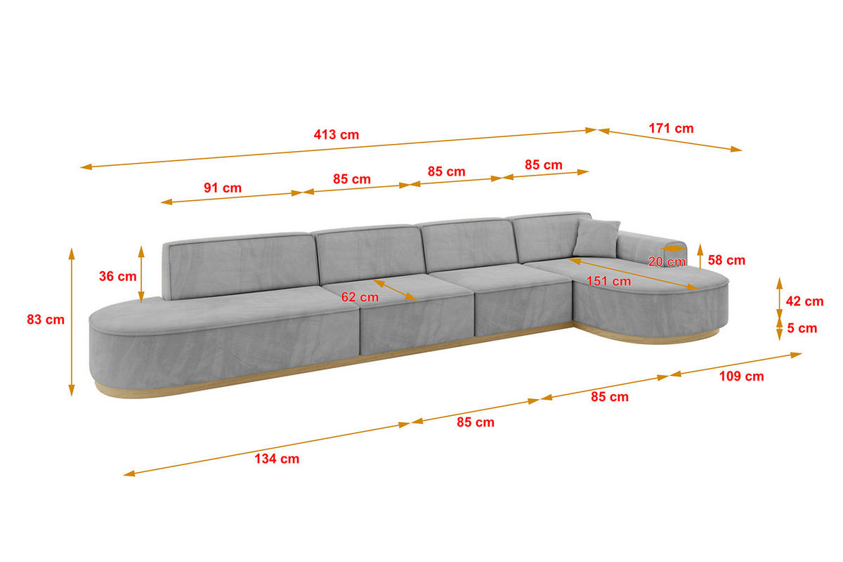 ECKSOFA Ottomane Rechts MARI-L3-v2 - 413x171x83 cm Grau Velours - Grau, Holzwerkstoff/Textil (171/413cm) - ALTDECOR